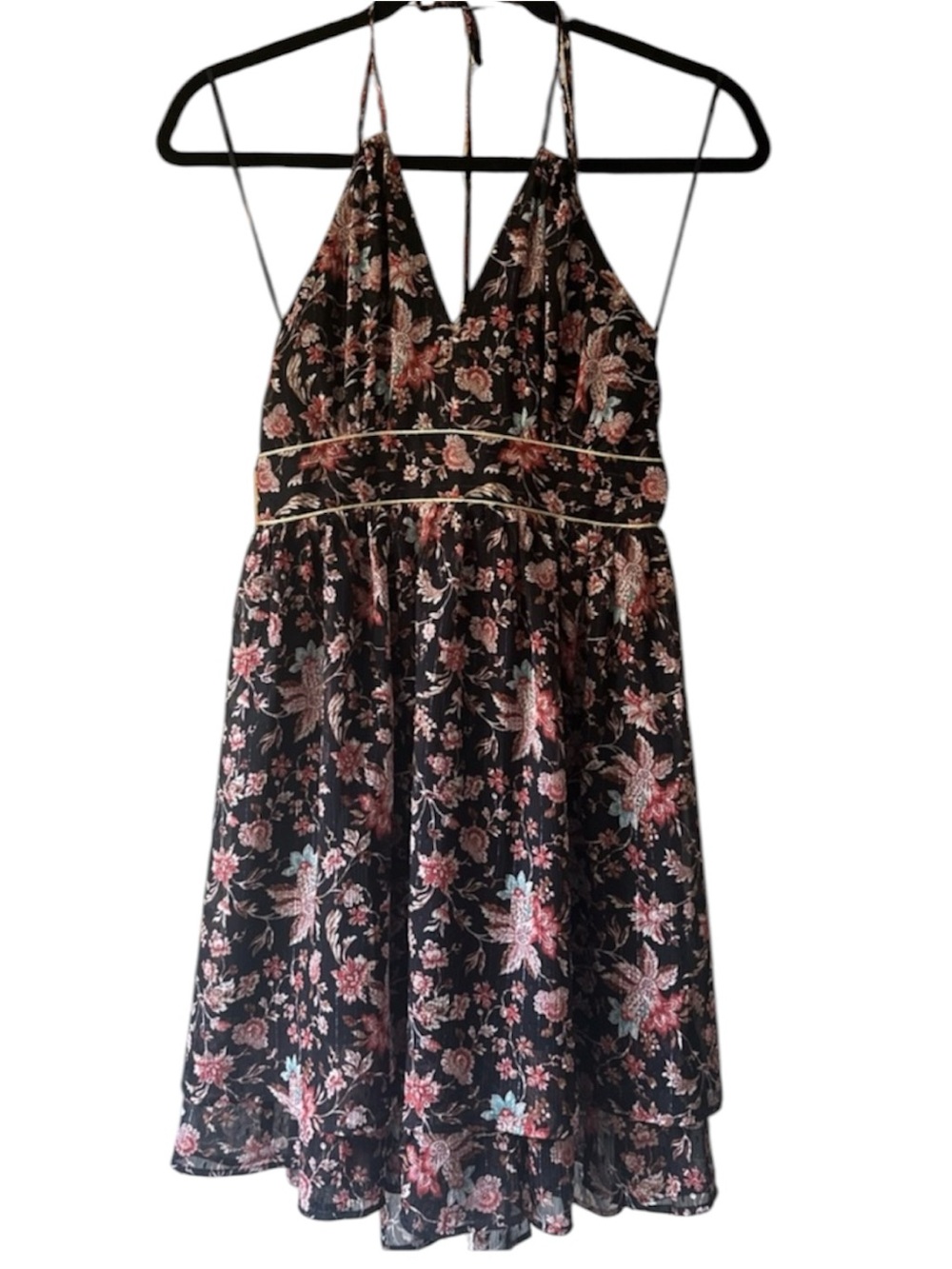 Express Floral Backless Mini Dress Black Pink Halter Fit & Flare